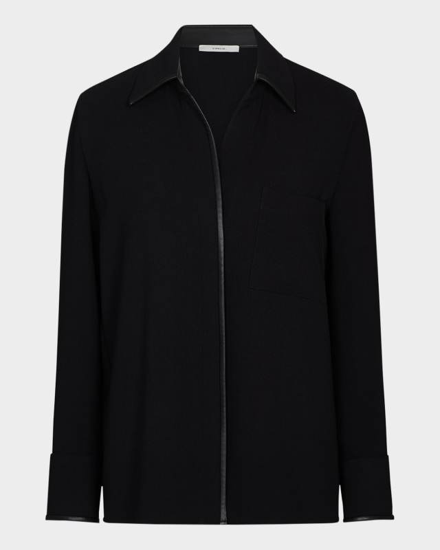 Crepe Button-Front Blouse with Faux Leather Tri